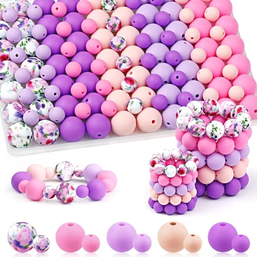 UNOZAVER 100 Stück Silikonperlen Set, 9mm & 15mm Bunt Silikon Bastelperlen für Armbänder, Stifte, Schmuck, DIY Handwerk, Schlüsselanhänger Herstellung (Rosa Lila) von UNOZAVER