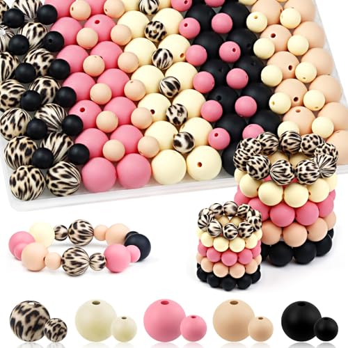 UNOZAVER 100 Stück Silikonperlen Set, 9mm & 15mm Bunt Silikon Bastelperlen für Armbänder, Stifte, Schmuck, DIY Handwerk, Schlüsselanhänger Herstellung (Rosa Schwarz) von UNOZAVER