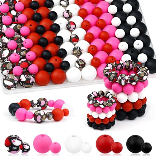 UNOZAVER 100 Stück Silikonperlen Set, 9mm & 15mm Bunt Silikon Bastelperlen für Armbänder, Stifte, Schmuck, DIY Handwerk, Schlüsselanhänger Herstellung (Rot Rosa Schwarz) von UNOZAVER