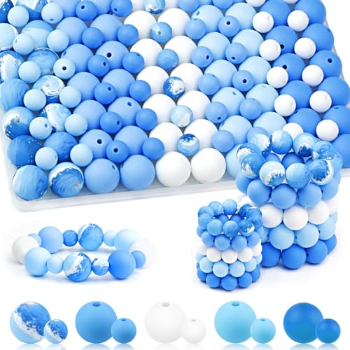 UNOZAVER 100 Stück Silikonperlen Set, 9mm & 15mm Bunt Silikon Bastelperlen für Armbänder, Stifte, Schmuck, DIY Handwerk, Schlüsselanhänger Herstellung (Weiß Blau) von UNOZAVER