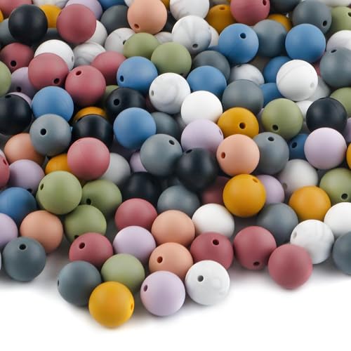 UNOZAVER 100 Stück Silikonperlen Set, Bunte Silikon Bastelnperlen zum Schlüsselanhängerherstellung, 15mm Runde Perlen Bulk für Halskette, Armbänder, Schmuck, Stifte von UNOZAVER