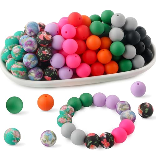 UNOZAVER 70 Stück Silikonperlen, 15 mm Bunte Bastelperlen für Schlüsselanhänger, Halsketten und Armbänder Herstellung (Neon) von UNOZAVER