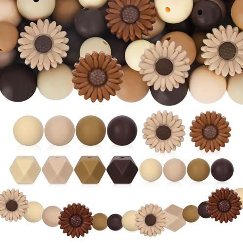 UNOZAVER 72 Stück Blumen Silikonperlen Set, Bunt Gänseblümchen Bastelperlen Bulk für Heimwerker Schlüsselanhänger, Schmuckherstellung, Halsketten, Armbänder, Stifte (Braun) von UNOZAVER