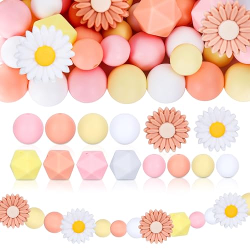 UNOZAVER 72 Stück Blumen Silikonperlen Set, Bunt Gänseblümchen Bastelperlen Bulk für Heimwerker Schlüsselanhänger, Schmuckherstellung, Halsketten, Armbänder, Stifte (Rosa) von UNOZAVER