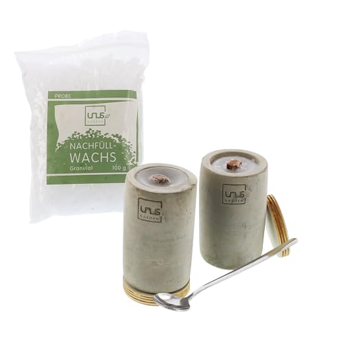 UNUS Beton-Feuer Outdoor, Set mit 2x lange Zylinder Beton Kerze, 100g Nachfüllwachs, Löschbretter und Löffel zum Nachfüllen, Tischkamin mit Dauerdocht, Tischfeuer Recycling Kerzenwachs UNUS Beton-Feuer Outdoor, Set mit 2x lange Zylinder Beton Kerze, 100g Nachfüllwachs, Löschbretter und Löffel zum Nachfüllen, Tischkamin mit Dauerdocht, Tischfeuer Recycling Kerzenwachs von UNUS