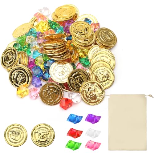 UOCAI 100 Stück Goldmünzen Piratenschatz Kindergeburtstag, Schatzkiste, Piraten Deko, Piraten Mitgebsel, Edelsteine für Kinder mit 50 Goldmünzen und 50 Piraten Edelsteine, mit Kordelzugbeutel UOCAI 100 Stück Goldmünzen Piratenschatz Kindergeburtstag, Schatzkiste, Piraten Deko, Piraten Mitgebsel, Edelsteine für Kinder mit 50 Goldmünzen und 50 Piraten Edelsteine, mit Kordelzugbeutel von UOCAI
