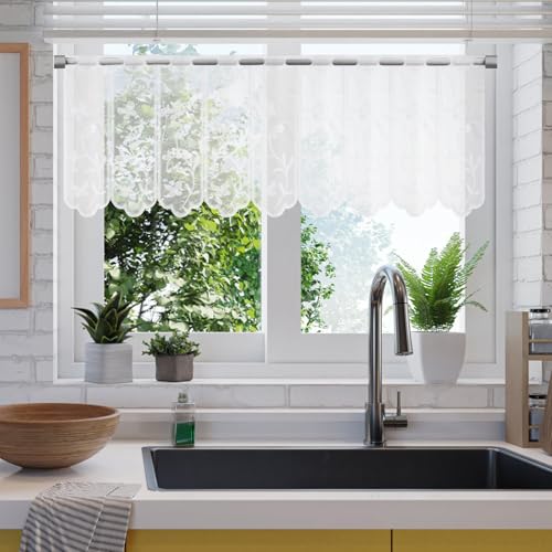 UOCAI 2er Scheibengardine, Bistrogardine Weiß, Scheibengardinen Modern, Vorhänge, Halbtransparent Besticke Scheibengardine mit Blumen Kurzgardine, Fensterschal für Fenster Küche Wohnzimmer135 * 45cm von UOCAI