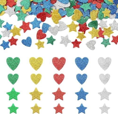 UOCAI 300 Stück Glitzersterne zum Aufkleben, Glitzersticker Sternsticker Moosgummi Sticker, Glitzer Sticker Glitzer Aufkleber Selbstklebende Herz Dekorativer Aufkleber für Wand Sammelalben Grußkarten von UOCAI