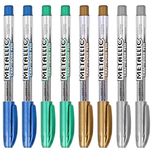 UOCAI 8 Stück Metallic Marker Stifte Set, Gold,Silber,Blau und Grün,Goldener Stift Marker Stifte,Glänzende Highlight Marker Stifte,1.5 mm Feine Spitze Permanente Acrylmarker,Goldstift für Papier von UOCAI
