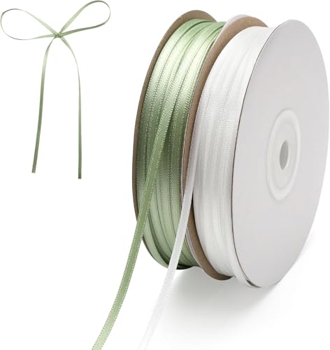 UOCAI 91 m Schleifenband Grün und Satinband Weiß, 2 Stück 3 mm Geschenkband zum Basteln, Doppelseitig Dekoband Bänder Satin Altgrün von UOCAI