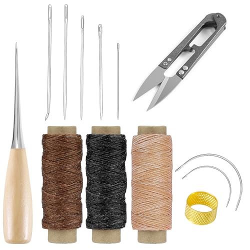 UOCAI Ledergarn Ledernadel Set,13 PCS Reparatur Nähset,Leder Nähset Ledernadeln Hand Leder Werkzeug,Sattlergarn Reißfest Nähahle Nadeln Fingerhut,Leder Werkzeuge Set für DIY Handwerk,Hand Ledernadeln von UOCAI
