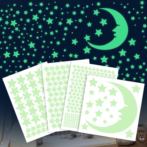 UOCAI Leuchtsterne Kinderzimmer,468 Leuchtsterne selbstklebend,Leuchtsterne Fluoreszierend Wandaufkleber,Leucht Sterne Mond Set,Leuchtsticker Sterne,Einschlafhilfe Kinder,Leuchtaufkleber Wanddeko von UOCAI