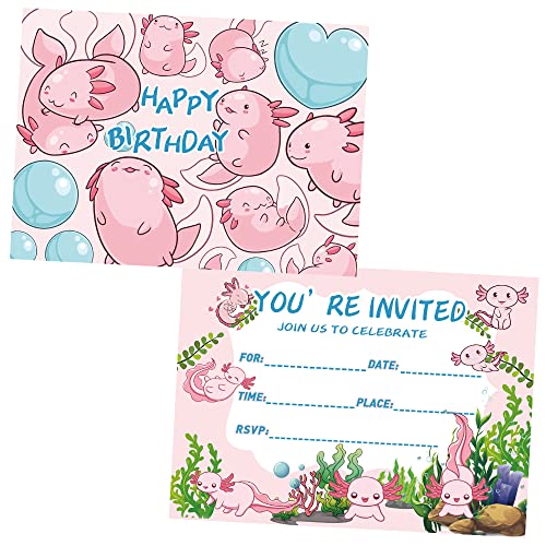 UOKRANH Axolotl Geburtstagseinladungskarten, 16 Stück, Tier-Anime-Postkarten-Stil, 12,7 x 17,8 cm, Einladungen mit Axolotl Graffiti, Geburtstagsparty, Einladungskarten für Kinder, 16 Stück von UOKRANH