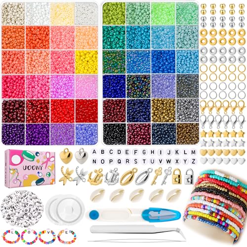 UOONY 7000 Stück 4mm Bunte Glasperlen set,DIY Perlen zum Auffädeln mit Buchstabenperlen für Geschenkidee Armbänder, Perlen zum Auffädeln Set für Kinder,Weihnachten,Feiertage, Geburtstage von UOONY