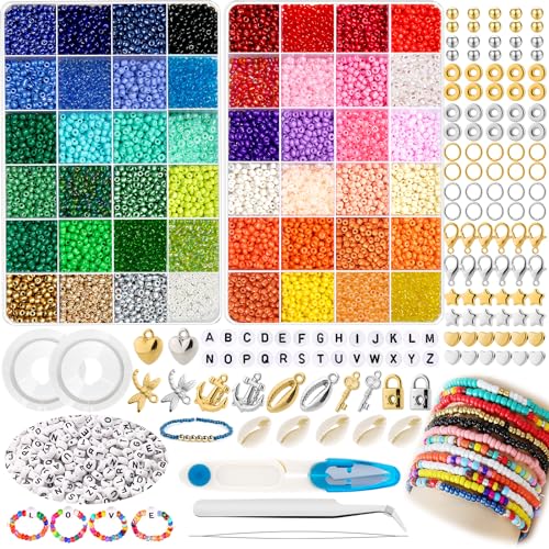 UOONY 7000 Stück 4mm Bunte Glasperlen set,DIY Perlen zum Auffädeln mit Buchstabenperlen für Geschenkidee Armbänder, Perlen zum Auffädeln Set für Kinder,Weihnachten,Feiertage, Geburtstage，Belohnungen. von UOONY