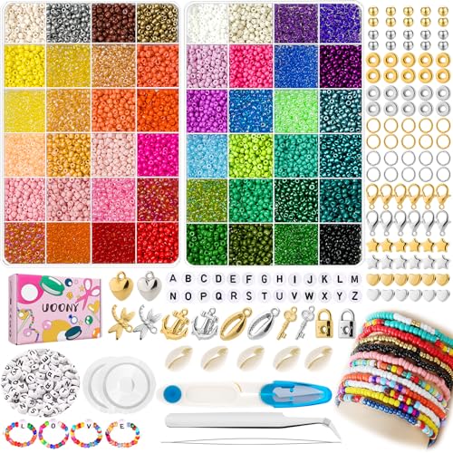 UOONY 7000 Stück 4mm Bunte Glasperlen set,DIY Perlen zum Auffädeln mit Buchstabenperlen für Geschenkidee Armbänder, Perlen zum Auffädeln Set für Kinder,Weihnachten,Feiertage, Geburtstage，Belohnungen. von UOONY