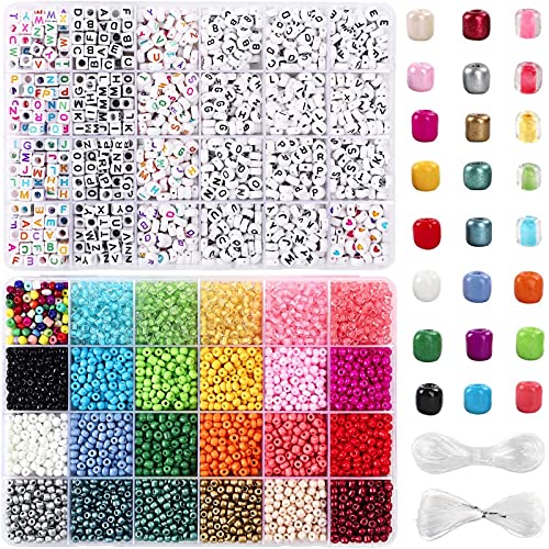 UOONY 7600-teiliges Freundschaftsarmband-Set mit 6000 Stück 4 mm Glas-Rocailles und 1600 Buchstabenperlen für Armbandherstellung, Schmuckherstellung und Basteln, mit 20 m Kristallschnur und 30 m UOONY 7600-teiliges Freundschaftsarmband-Set mit 6000 Stück 4 mm Glas-Rocailles und 1600 Buchstabenperlen für Armbandherstellung, Schmuckherstellung und Basteln, mit 20 m Kristallschnur und 30 m von UOONY