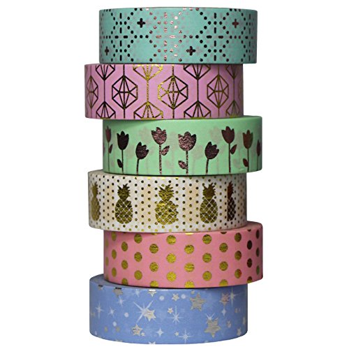 UOOOM 6 Rolle Washi Tape Set, 10m x 15mm, Schön Farbe Gold Kupfer Silber Foliendruck Muster Masking Tape Klebeband Bunte Klebebänder DIY Scrapbooking Deko Basteln (Design 9061) von UOOOM