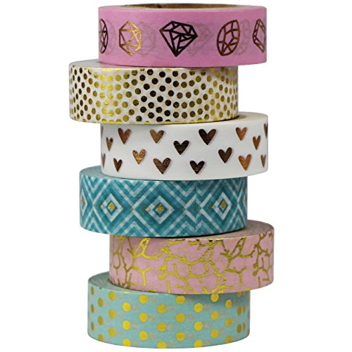 UOOOM 6 Rolls 10m x 15mm Beautiful Farbe und Gold Washi Tape Masking Tape deko klebeband buntes Klebebänder DIY scrapbook deko (Design 9042) von UOOOM