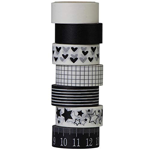 UOOOM aufodara 7 Rolls Washi Tape Set Schwarz Weiß Klebebänder Liebesmuster - Pentagramm-Muster - Lineal Muster Masking Tape deko Klebeband DIY Scrapbook deko (Schwarz Weiß) von UOOOM