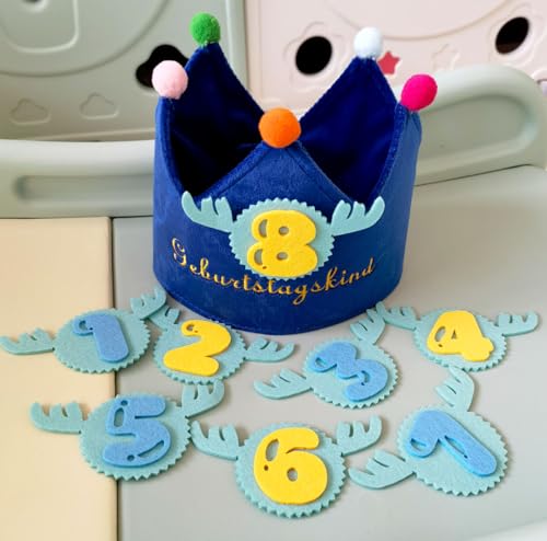 UOPMQGB Birthday Crowns, Birthday Boys Girls Crowns, Party Decorations, Crowns Made of 0-9 Number Buttons, Children's Birthday Party Decorations, Party Hats, Reusable, Blau von UOPMQGB