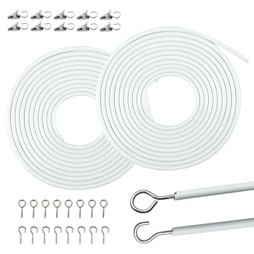 Vorhangdraht Weiß, 2 Stück Curtain Wire Gardinendraht Set Gardinenschnur Gardinenseil mit 8 Haken Schraubenösen Vorhangclip für Duschvorhänge Gardinenstangen Vorhänge (3M) von UOSIWYA