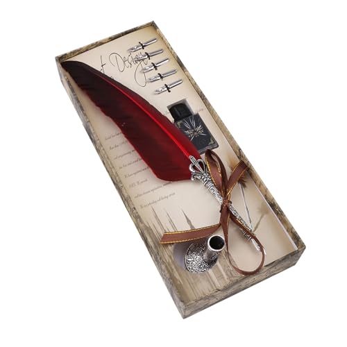 UPALDHOU Feather Quill Stift Schreiben Tinte Set mit 5 Nibs, Antike Schafferbox, Geeignet für Kalligraphie -Enthusiasten. (Rot) von UPALDHOU