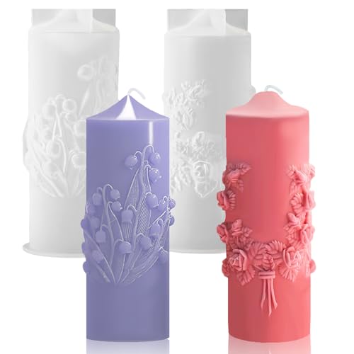 UPINS 2 Stück Kerzenform Silion, Zylindrische Kerzenformen 3D Blumen Kerzenformen zum Gießen von Handwerk Dekoration Gießformen Silikon für Kerzenherstellung, Washs, Seifen (Maiglöckchen, Rosen) von UPINS