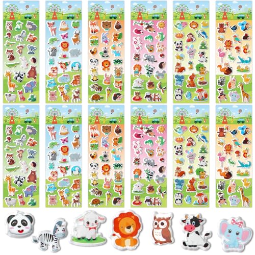 UPINS 12 Blätter Tieraufkleber für Kinder, 3D-Puffy-Aufkleber, selbstklebende Cartoon-Waldtieraufkleber, verschiedene süße Tiere, Belohnungsaufkleber für Kinder, Klassenzimmer, DIY-Basteldekorationen von UPINS