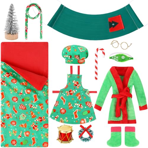 UPINS 13-teiliges Weihnachtselfen-Puppen-Zubehör-Set mit Weihnachtsschlafsack, Bademantel, Schürze und Kochmütze, Brille, Schal, Hängematte, Weihnachtszubehör für Puppendekorationen von UPINS