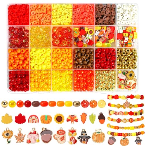 UPINS 2100 Stück + Herbstperlen, Armbandherstellungs-Set, Thanksgiving-Ton-Perlen, runde Abstandshalter für Schmuckherstellung, Herbst-Ahornblatt, Kürbis-Pony-Perlen für Herbst, DIY, Schmuckprojekte von UPINS