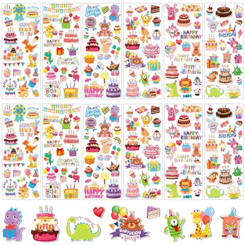 UPINS Geburtstag Sticker für Kinder - 12 Blatt Happy Birthday Aufkleber 3D Niedliche Aufkleber für Party Deko von UPINS