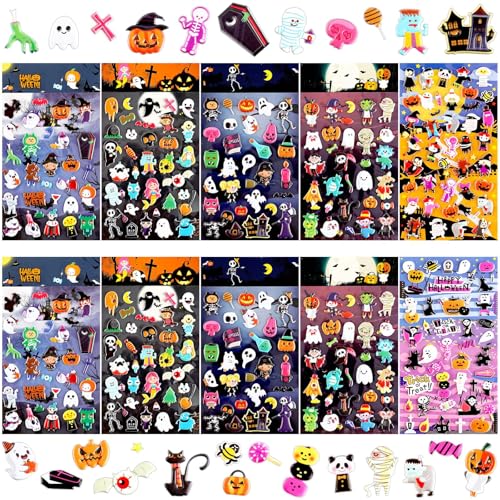 UPINS Halloween Sticker, 10 Blätter Halloween Aufkleber 3D Halloween Sticker Kinder Geist Kürbis Totenkopf Fledermaus Spinne Horror Sticker für Halloween Party Deko von UPINS
