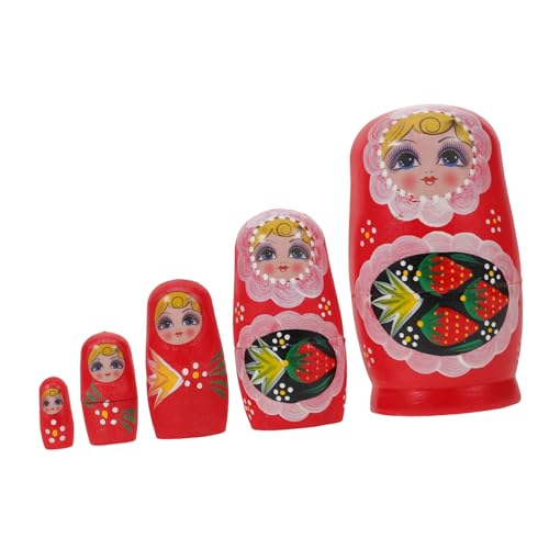 UPKOCH Handgefertigte Holz Matroschka Puppen Set Fünf-lagige Russische Nesting Dolls mit Erdbeer-Motiv Bunte Mädchen Figurine Tischdekoration Traditionelles Stapelspielzeug für Geschenk von UPKOCH