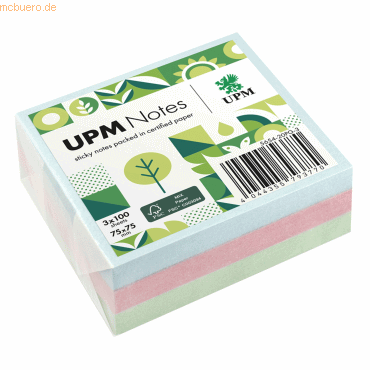 UPM Notes Haftnotiz 5654-20PG-3 Pastell 75x75mm 100 Blatt sortiert 3 S von UPM