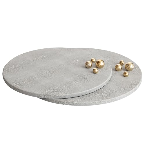 UPPER DECOR Shagreen-Leder-Tablett, modern, exquisit, rund, dekoratives Tablett mit goldfarbenen polierten Metallperlen, Ottoman-Tabletts, Couchtisch, Serviertabletts für Heimdekoration, Grau, 2 Stück UPPER DECOR Shagreen-Leder-Tablett, modern, exquisit, rund, dekoratives Tablett mit goldfarbenen polierten Metallperlen, Ottoman-Tabletts, Couchtisch, Serviertabletts für Heimdekoration, Grau, 2 Stück von UPPER DECOR