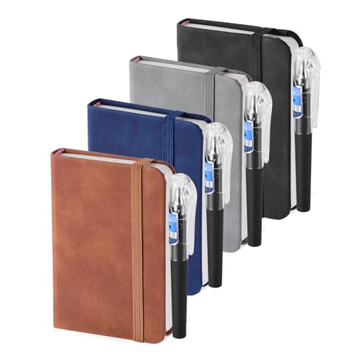 UPUPGO 4 Stück Notizbuch A7, Notizbuch Klein mit 4 Stiften, Notizblock A7 Blanko mit Gummizug 11,1 × 7,5 cm, 100 Blatt Dickes Papier, Taschen Notizbücher aus PU Leder für Schule, Arbeit und Meetings von UPUPGO