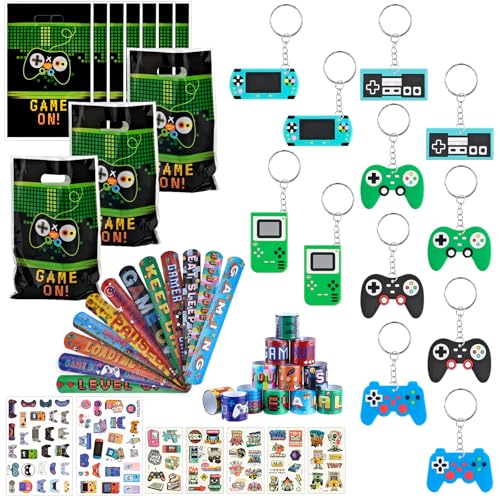 UPUPGO 80 Stück Videospiel Party Mitgebsel Kindergeburtstag Junge mit Schlüsselanhänger Spiel Geschenktüten Partytüten Tattoo Aufkleber Give Aways Gastgeschenk für Kinder Jungen Mädchen von UPUPGO