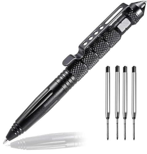 UQMIQURA Tactical Pen, Multifunktional Glasbrecher Stift, Tactical Pen mit 5 Tinten Nachfüllpackungen, Taktischer Kugelschreiber, Taktischer Stift für Tactical Defense - Schwarz von UQMIQURA