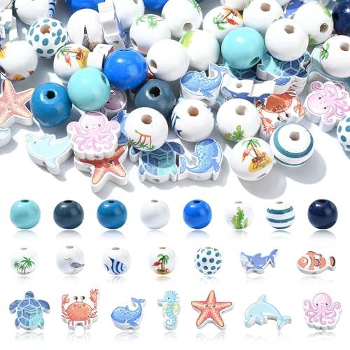 UR URLIFEHALL 100 Stück Perlen mit Ozean-Motiv, lackierte Holzperlen, rund, Meerestier-Form, Perlen für Schmuck, Sommerhandwerk, Heimdekoration, hängende Dekoration UR URLIFEHALL 100 Stück Perlen mit Ozean-Motiv, lackierte Holzperlen, rund, Meerestier-Form, Perlen für Schmuck, Sommerhandwerk, Heimdekoration, hängende Dekoration von UR URLIFEHALL
