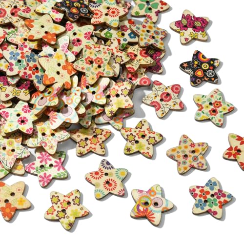 UR URLIFEHALL 100 Stück geformte Knöpfe aus Holz mit Sternen, 2 Löcher, fünfzackig, sternförmig, Nähknöpfe für Handwerk, Kleidung, Kartenmarkierung, Scrapbooking von UR URLIFEHALL