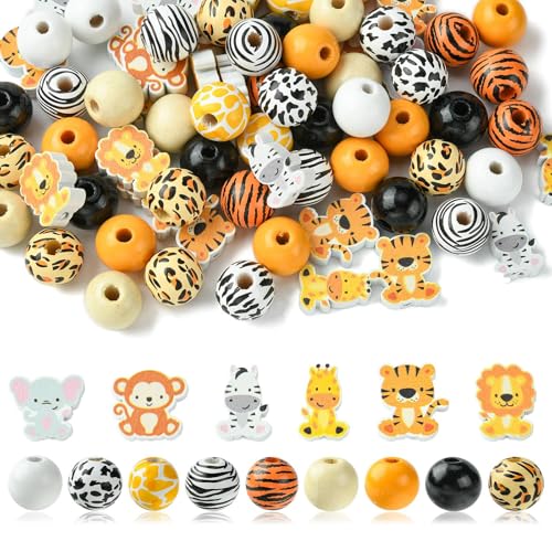 UR URLIFEHALL 100 Stück niedliche Holzperlen mit Dschungeltieren, Tierdruck, Perlen mit Zebra-Affe, Tiger, Elefant, Löwe, Muster, Abstandshalter, lose Perlen für Schmuckherstellung, DIY, Basteln, UR URLIFEHALL 100 Stück niedliche Holzperlen mit Dschungeltieren, Tierdruck, Perlen mit Zebra-Affe, Tiger, Elefant, Löwe, Muster, Abstandshalter, lose Perlen für Schmuckherstellung, DIY, Basteln, von UR URLIFEHALL