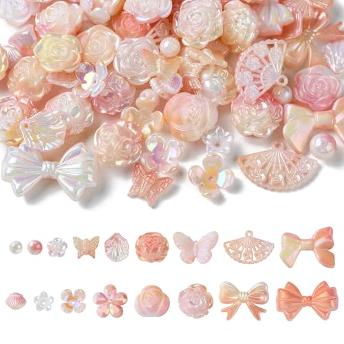 UR URLIFEHALL 100 Stück rosa Acrylperlen, undurchsichtig, verschiedene Perlen, Schleife, Schmetterling, Blumen, Perlen für Schmuck, Handwerk, Handyband von UR URLIFEHALL
