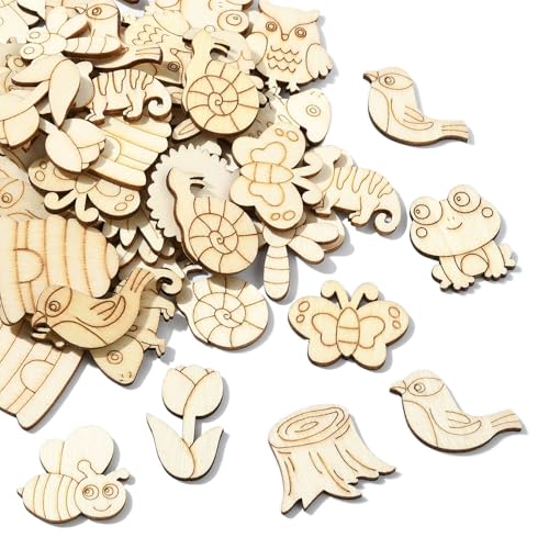 UR URLIFEHALL 100 Stück zufällige unlackierte Holzausschnitte für Blumen, Vogel, Frosch, Pilz, Holzscheiben für Bastelarbeiten, Kunstprojekte, Heimdekoration von UR URLIFEHALL