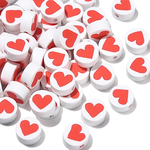 UR URLIFEHALL 100 stücke handgemachte polymer ton perlen flach rund mit roten herzen perlen für schmuck bevorzugungen DIY handwerk dekor UR URLIFEHALL 100 stücke handgemachte polymer ton perlen flach rund mit roten herzen perlen für schmuck bevorzugungen DIY handwerk dekor von UR URLIFEHALL