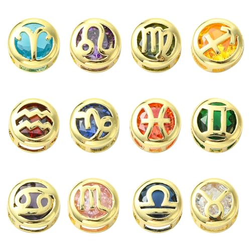 UR URLIFEHALL 12 Stück 12 Stile, 12 Sternbilder, Zirkonia, Abstandshalter, 11 mm, flach, rund, Sternzeichen-Perlen für DIY-Armbänder, Halsketten, Schmuckherstellung UR URLIFEHALL 12 Stück 12 Stile, 12 Sternbilder, Zirkonia, Abstandshalter, 11 mm, flach, rund, Sternzeichen-Perlen für DIY-Armbänder, Halsketten, Schmuckherstellung von UR URLIFEHALL