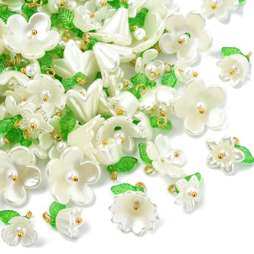 UR URLIFEHALL 140 Stück weiße Blumen-Charms, Kunstperlen mit Blättern, Blumen-Anhänger für Schmuckherstellung, DIY, Basteln, Ohrringe UR URLIFEHALL 140 Stück weiße Blumen-Charms, Kunstperlen mit Blättern, Blumen-Anhänger für Schmuckherstellung, DIY, Basteln, Ohrringe von UR URLIFEHALL