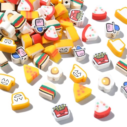UR URLIFEHALL 200 Stück 8 Stile handgefertigte Polymer-Ton-Lebensmittelperlen bunte Brot-Pizza-förmige Tonperlen für Schmuck DIY Handy-Armbänder Handwerk von UR URLIFEHALL
