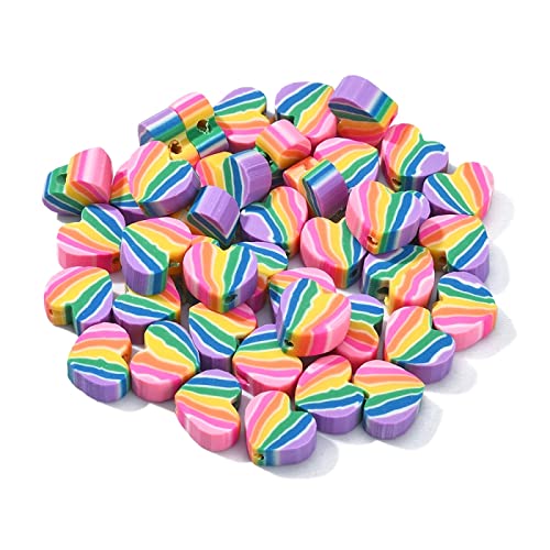 UR URLIFEHALL 200 Stück handgefertigte Polymer-Tonperlen mit Regenbogenstreifen-Muster, süße Herz-Perlen für die Schmuckherstellung von UR URLIFEHALL