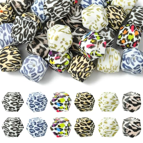 UR URLIFEHALL 30 Stück achteckige Silikon-Perlen mit Leopardenmuster, Polygon-Perlen, für Schlüsselanhänger, Basteln, Schmuckherstellung, 6 Stile, 17 mm von UR URLIFEHALL